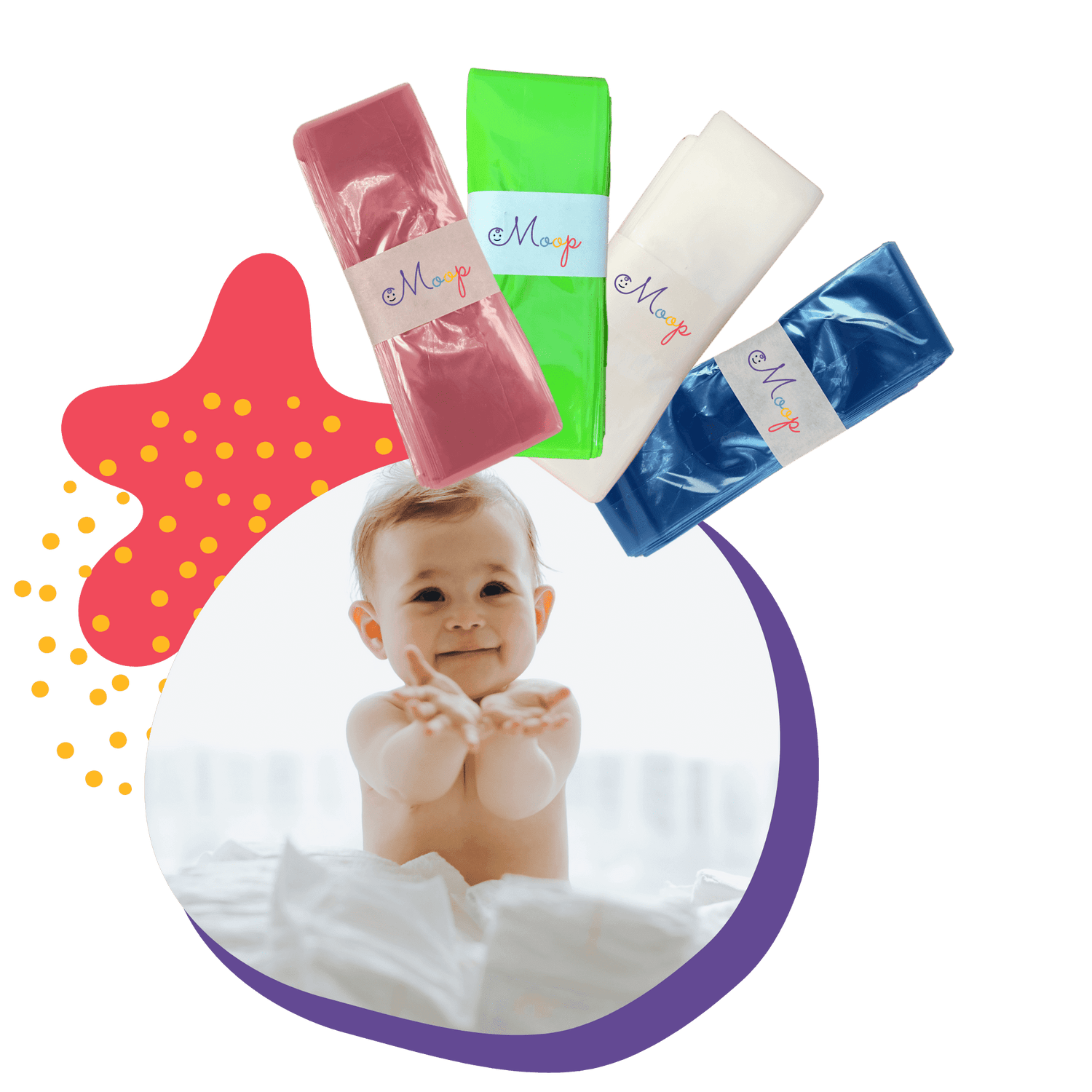 Baby holding Moop refill bags, that are available in pink, white, blue and green colors